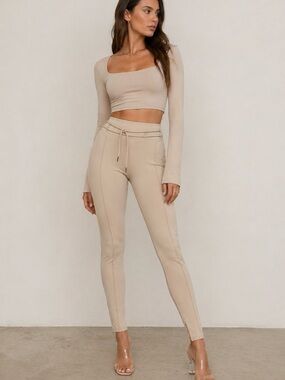 Manière De Voir Beige Neoprene Pintuck Leggings XS High Waist